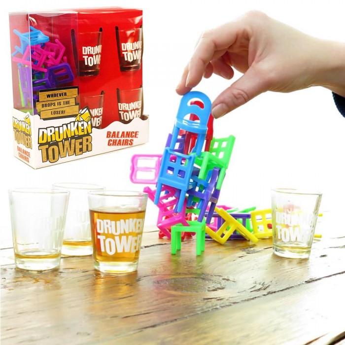 Drinking Game - Chairs Tower with 4 Shot Glasses